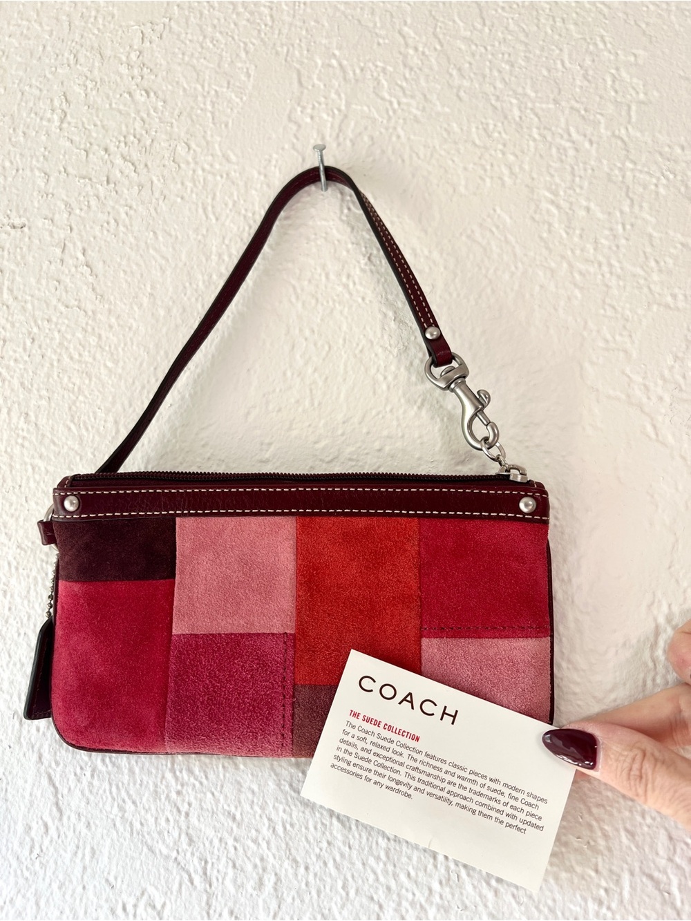 COACH Hampton patchwork wristlet wallet purse suede berry red and pink - Picture 9 of 9